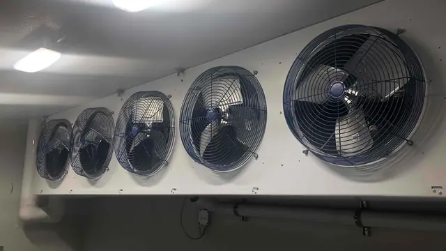Row of evaporator fans inside a large walk-in cooler